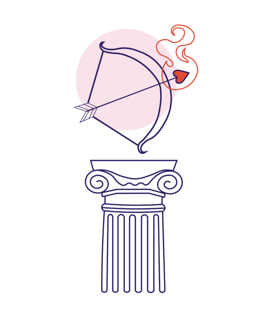 Illustration-Pfeil-und-Bogen-auf-einer-griechischen-Saeule-mit-einem-brennenden-Herz-als-Pfeilspitze-als-Sinnbild-fuer-eine-unverwechselbare-Marke-und-Sichtbarkeit-Yvonne-Homann-NOVA-AND-BOW