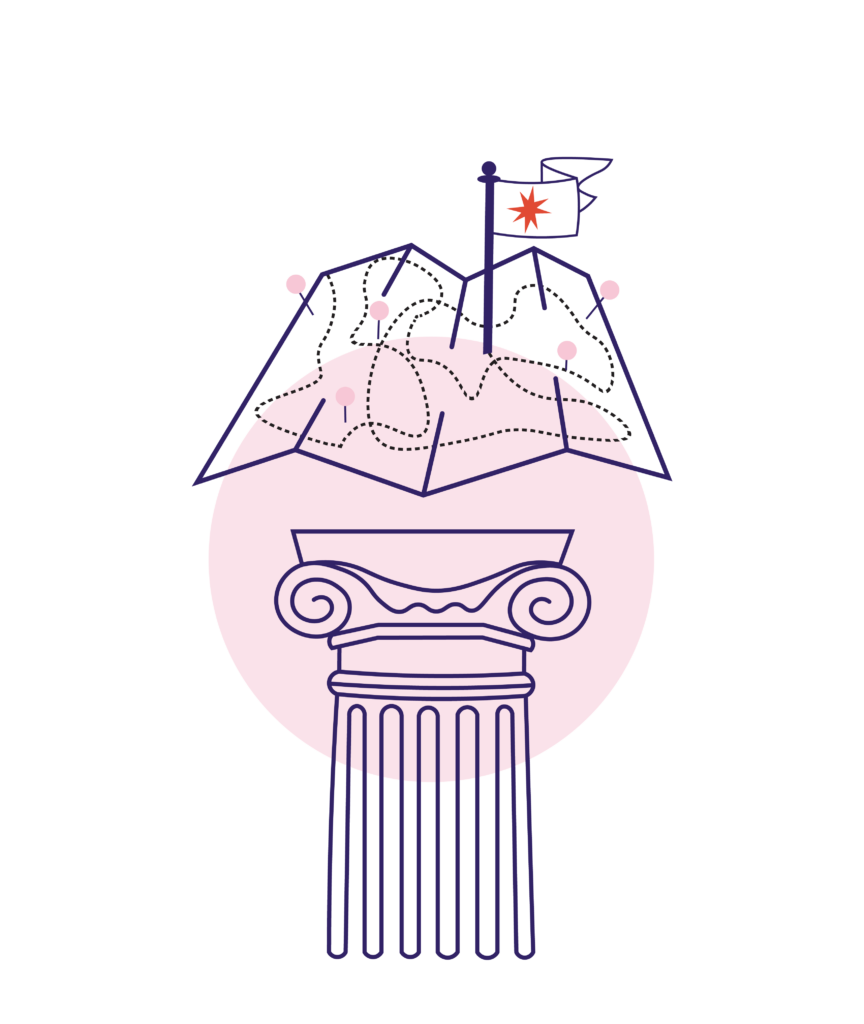 Illustration-einer-Landkarte-auf-einer-griechischen-Saeule-mit-Fahne-als-Markierung-fuer-die-Positionierung-einer-Marke-Yvonne-Homann-NOVA-AND-BOW