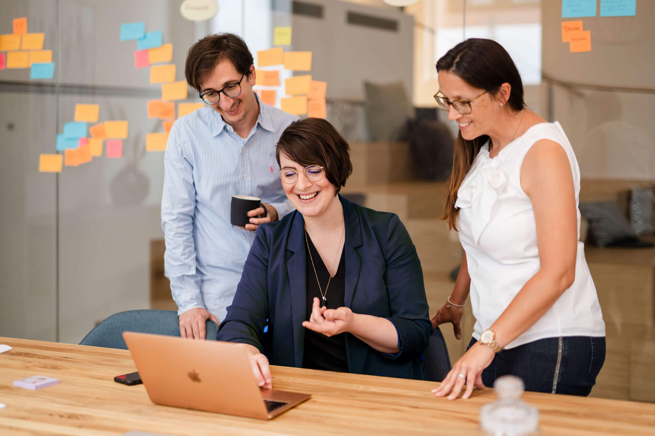 Markenworkshop-mit-Unternehmensteam-Yvonne-Homann-erklaert-den-Teilnehmenden-etwas-am-Laptop-NOVA-AND-BOW-Brand-und-Webdesign-Isernhagen-Hannover