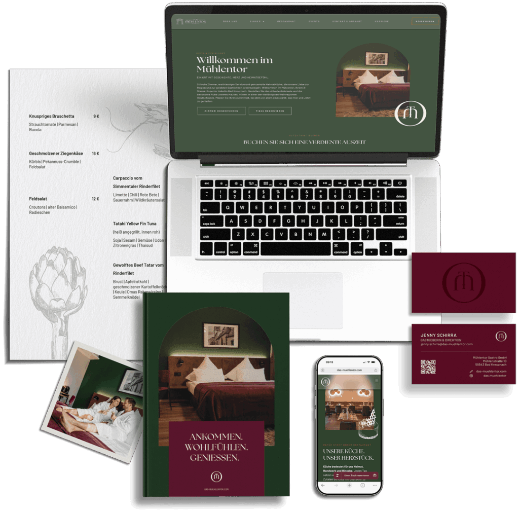 Hotel Branding Elemente Broschüre Visitenkarten Website Speisekarte von Das Mühlentor Rebranding NOVA & BOW Agentur für Branding transparent