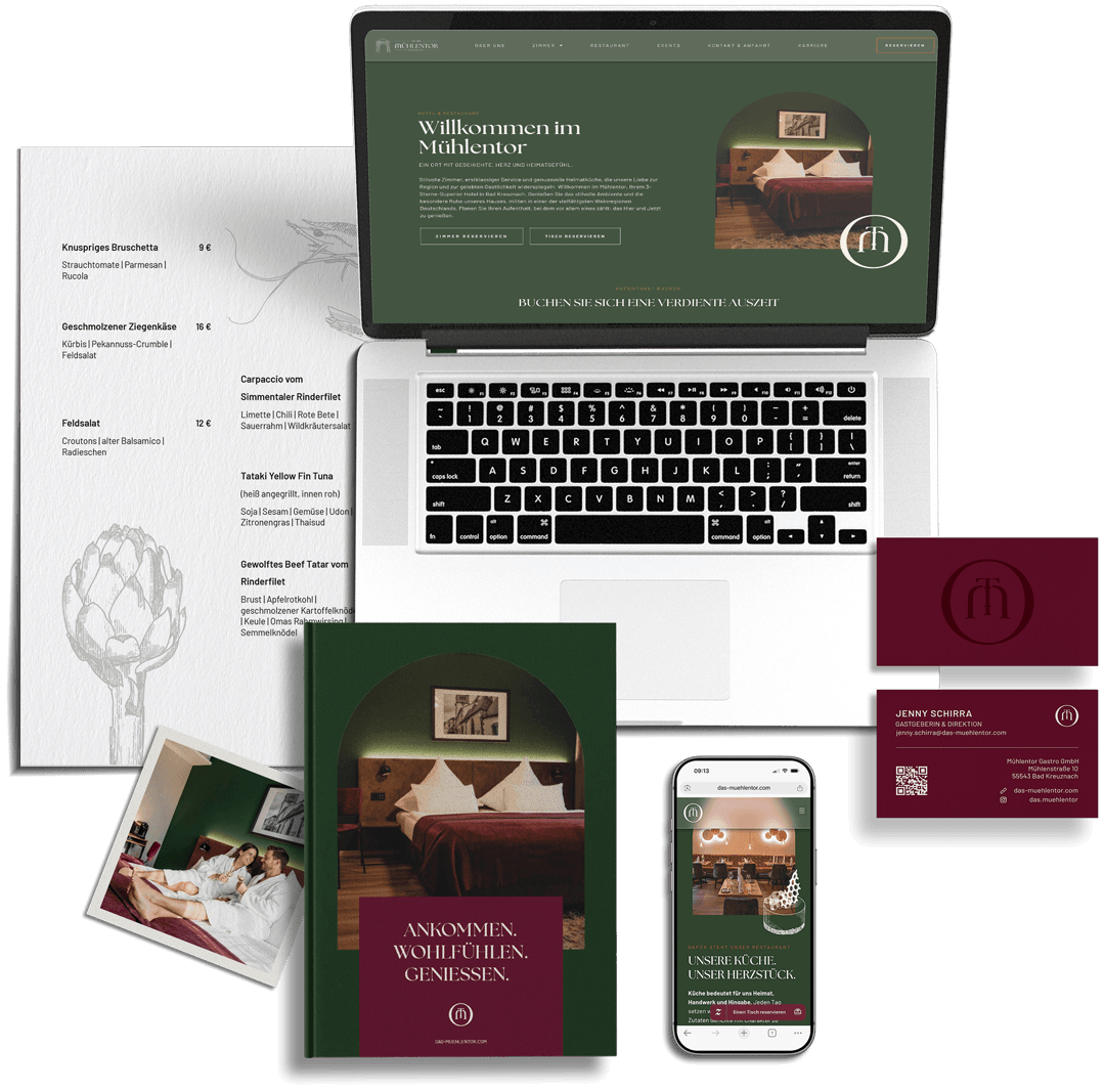 Hotel Branding Elemente Broschüre Visitenkarten Website Speisekarte von Das Mühlentor Rebranding NOVA & BOW Agentur für Branding transparent