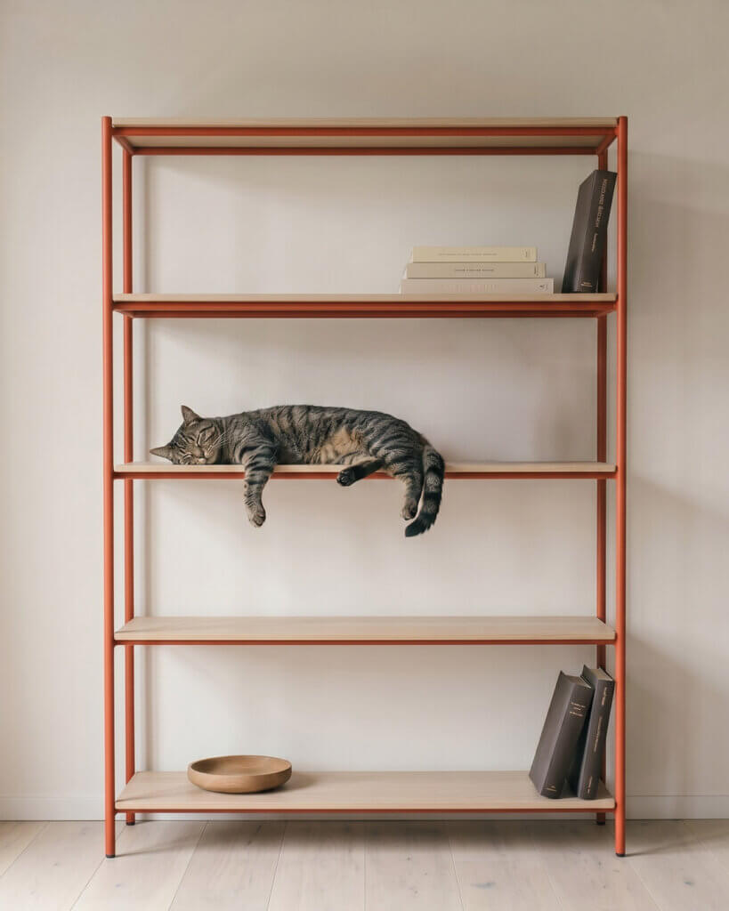 Getigerte Katze schläft auf einem Regal in Vermillion mit Büchern und Holzschale, Interieur in den Markenfarben der Design Agentur NOVA & BOW aus Hannover