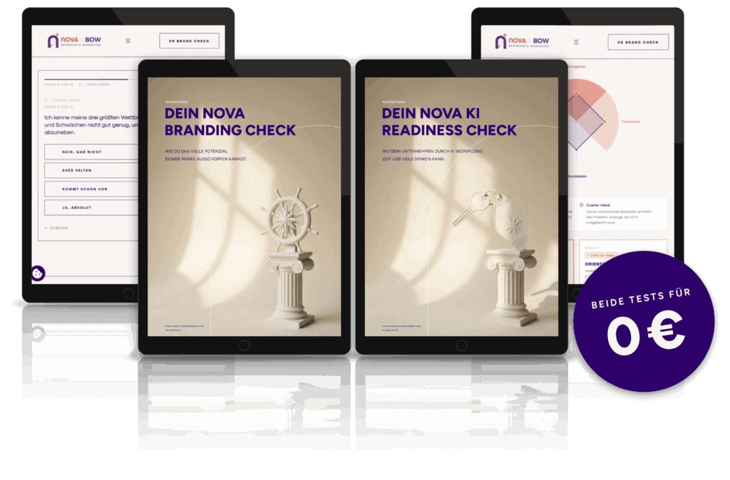 Auswertung zum NOVA Branding Quiz und KI Readiness Check als PDF auf vier Tablets, dahinter Quizfrage und Ergebnisprofil