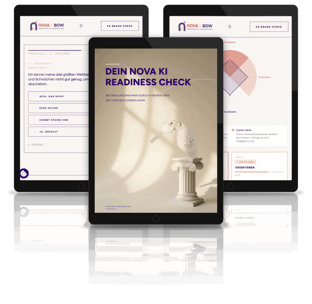 Auswertung zum KI Readiness Check und zum NOVA Branding Test als PDF auf vier Tablets, beide Tests für 0 €